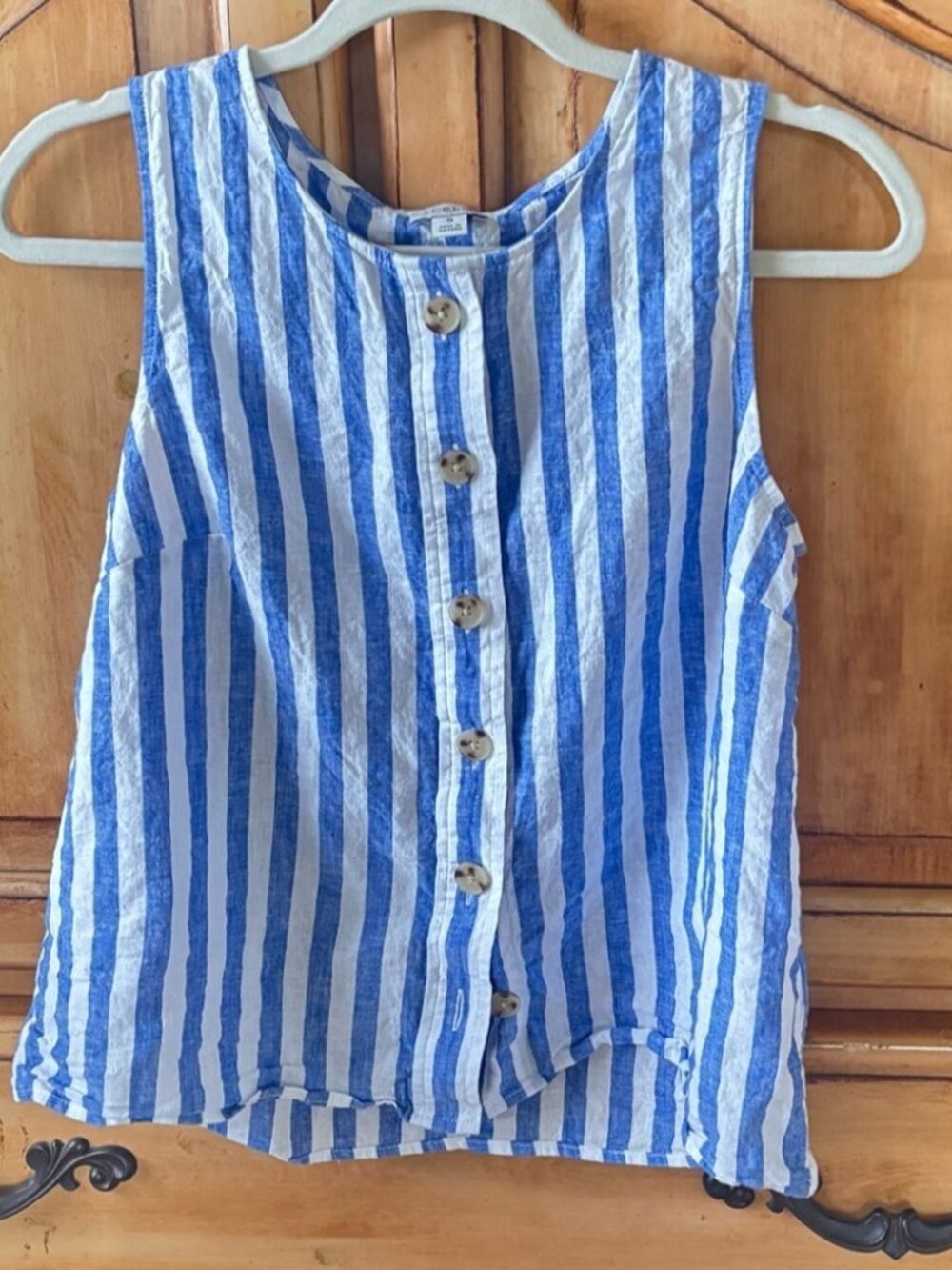 Womens Blue and White Vertical Stripe Button Tank